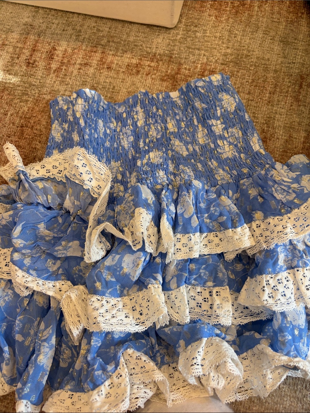 Girls Blue Floral Ruffle Skirt with White Eyelet Trim